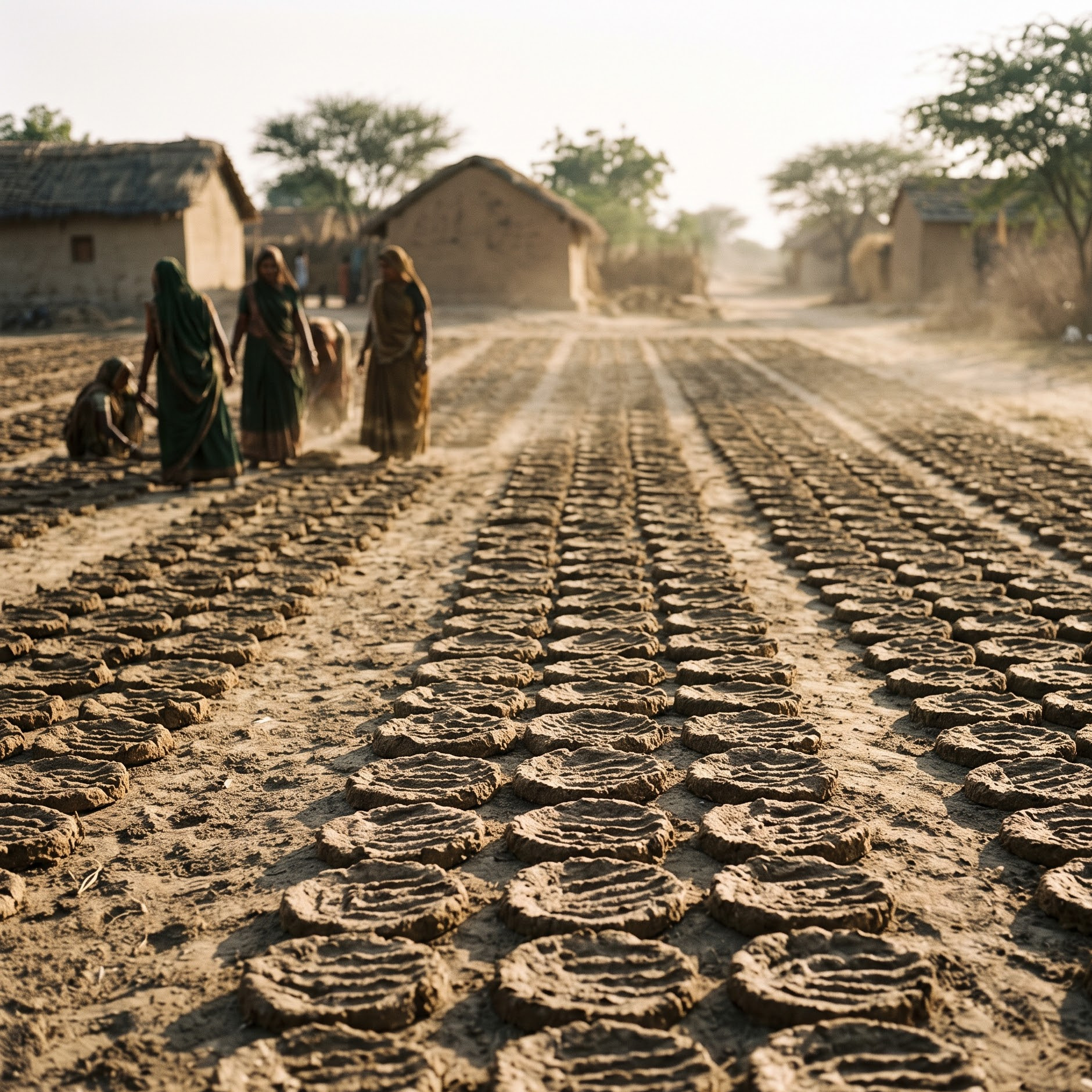 Rows of hand-shaped cow dung cakes solar-drying in a village yard