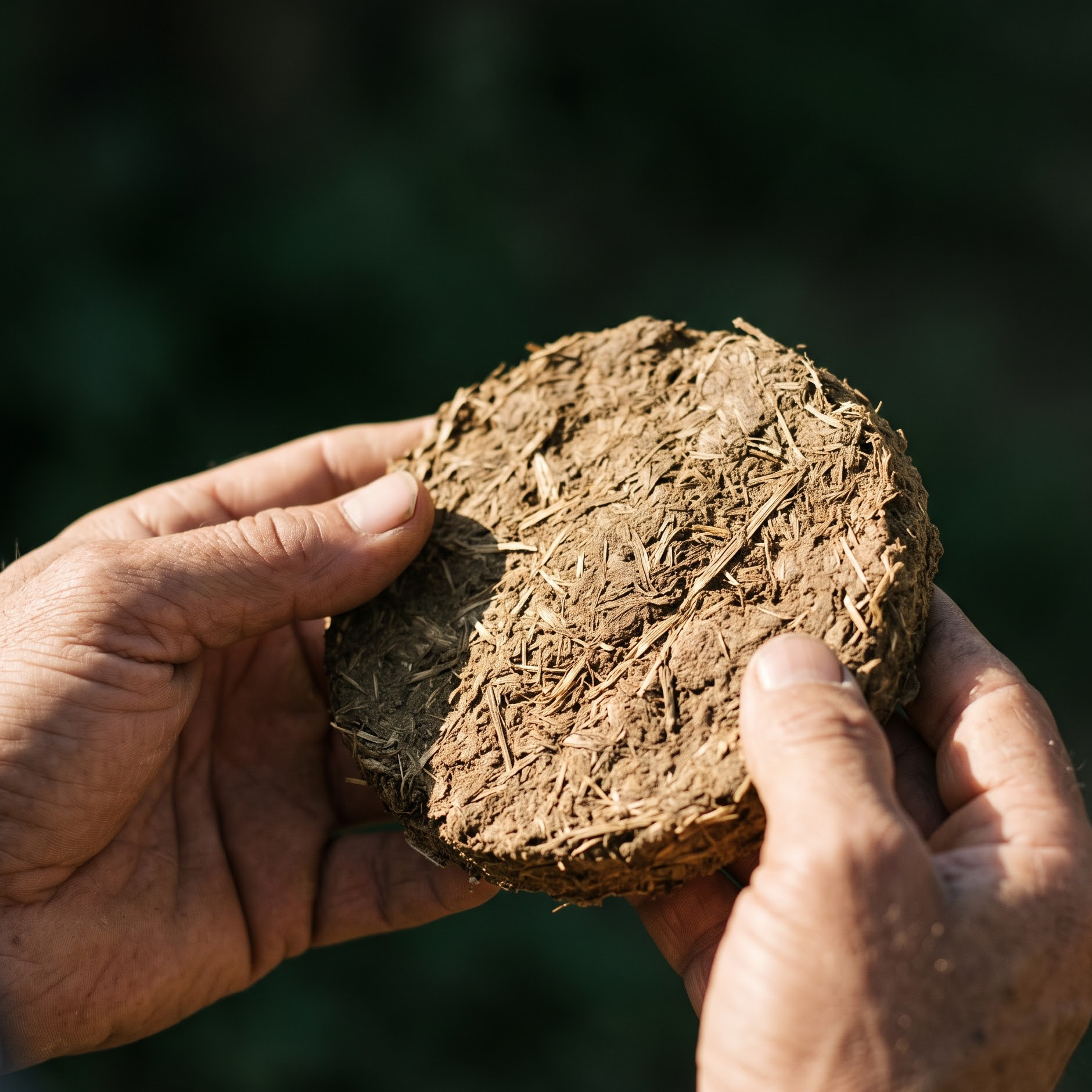 Hands inspecting the density and edge of a dried cow dung cake
