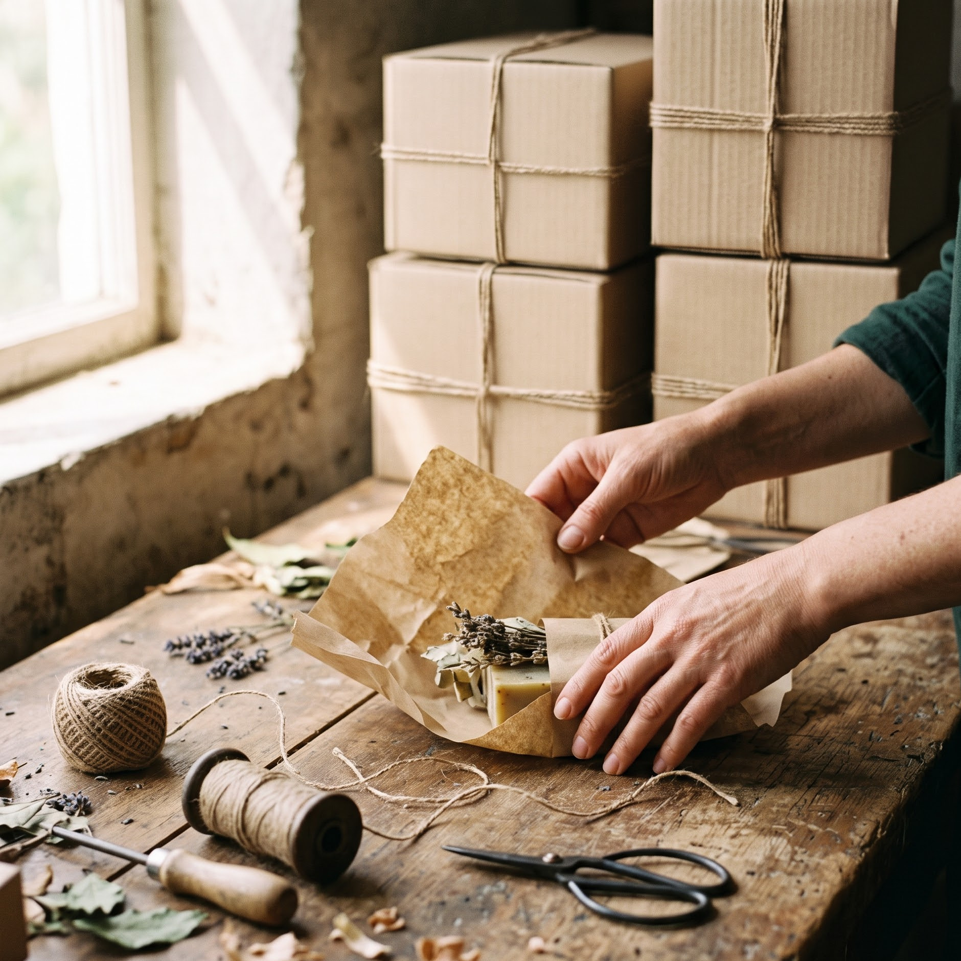 Products wrapped in kraft paper beside export-grade corrugated cartons