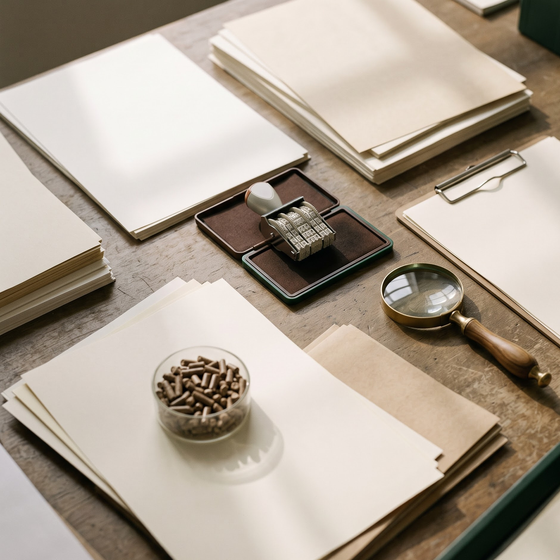 Export documentation desk with stamp, magnifier and a pellet sample