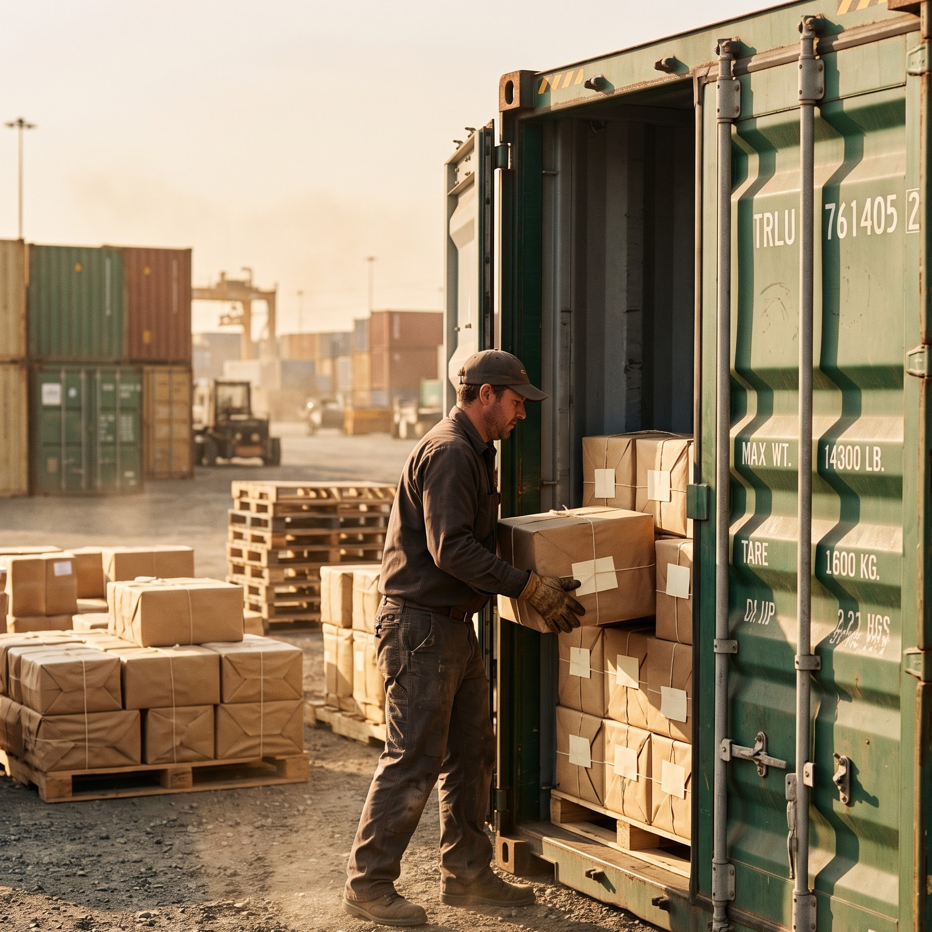 Cartons being loaded into a shipping container at a dry port