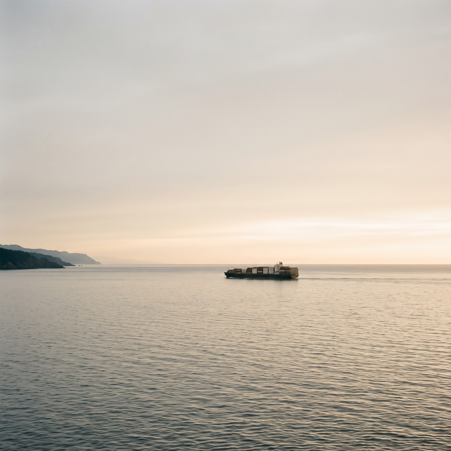 Container vessel at sea at dawn, en route to the destination port